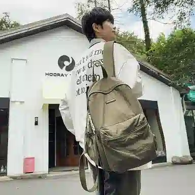 單倉 简约时尚简约设计轻便耐磨学院风背包大容量通勤百搭书包 尼龙 双肩包 常规 男女同款情侣款 米白色/卡其色/绿色/黑色