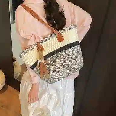 單倉 编织海边沙滩托特包 草编 手提单肩包 女款 卡其色/黑色