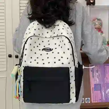 單倉 高颜值星星印花设计通勤百搭学院风背包初高中学生大容量轻便耐磨书包 尼龙布 双肩包 常规 女款 粉色/蓝色/黄色/绿色/黑色