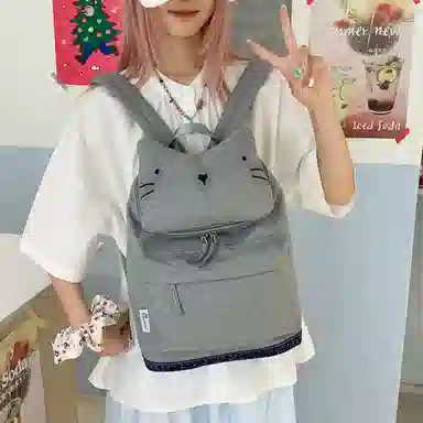 單倉 可爱猫咪卡通时尚设计学院风轻便耐磨背包精致高品质初高中学生大容量通勤百搭书包 尼龙布 双肩包 常规 男女同款情侣款 灰色