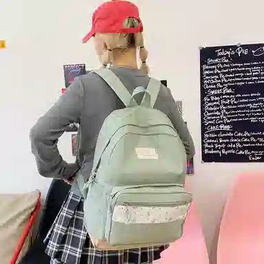 單倉 高颜值小清新印花设计通勤百搭学院风背包初高中轻便耐磨 尼龙布 双肩包 女款 白色/粉色/蓝色/绿色/黑色