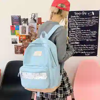 單倉 高颜值小清新印花设计通勤百搭学院风背包初高中轻便耐磨 尼龙布 双肩包 女款 白色/粉色/蓝色/绿色/黑色