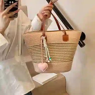 單倉 海边度假沙滩包时尚百搭草编腋下 编织 托特包手提单肩包 女款 卡其色/米白色/粉色/绿色