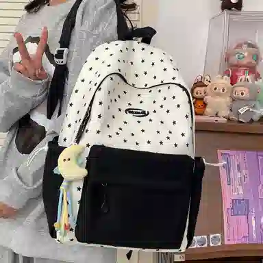 單倉 高颜值星星印花设计通勤百搭学院风背包初高中学生大容量轻便耐磨书包 尼龙布 双肩包 常规 女款 粉色/蓝色/黄色/绿色/黑色