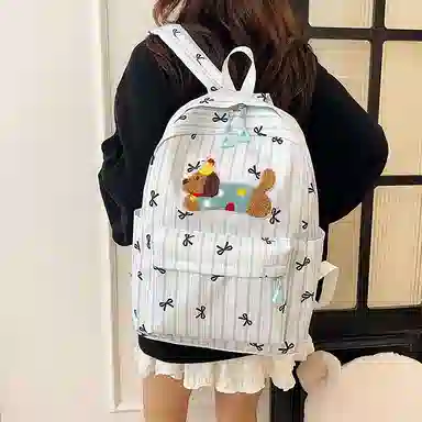 單倉 可爱条纹蝴蝶结腊肠狗小清新设计学院风背包初高中学生大容量轻便耐磨书包 尼龙 双肩包 常规 女款 粉色/蓝色/黑色