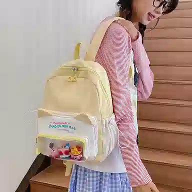 單倉 可爱韩系猫咪耳朵出游森系背包初高中学生大容量轻便耐磨书包黄色/粉色/蓝色/黑色  尼龙 双肩包痛包 常规 女款
