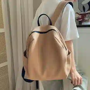 單倉 日系简约时尚设计通勤百搭学院风背包初高中学生大容量轻便耐磨书包 网格布 双肩包 常规 男女同款情侣款 白色/蓝色/卡其色/黑色