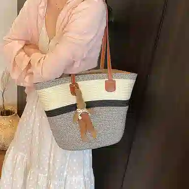 單倉 编织海边沙滩托特包 草编 手提单肩包 女款 卡其色/黑色