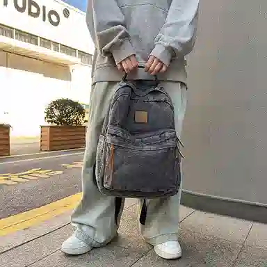 單倉 复古简约个性初高中学生大容量轻便百搭书包 牛仔布 背包双肩包 常规 男女同款情侣款 黑色/浅蓝色/深蓝色