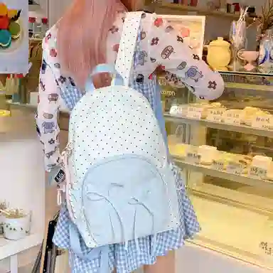 單倉 可爱波点蝴蝶结设计高颜值轻便耐磨背包学院风初高中学生大容量通勤百搭书包 尼龙布 双肩包 常规 女款 黄色/粉色/蓝色