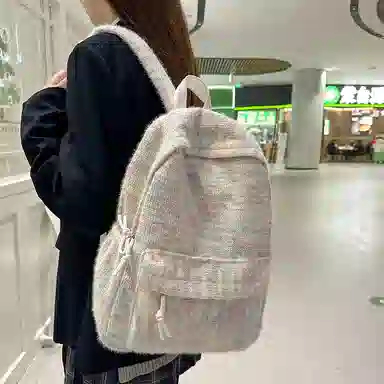 單倉 日系高颜值毛绒针织韩版通勤百搭多巴胺大容量初高中学生书包小众设计 尼龙 背包双肩包 女款 黄色/绿色/白横条/红横条