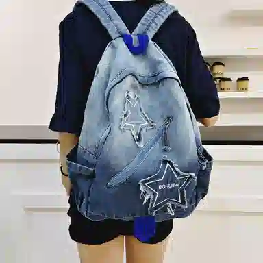 單倉 渐变复古小众星星个性设计轻便耐磨学院风背包初高中学生大容量通勤百搭书包 帆布 双肩包 常规 男女同款情侣款 蓝色/黑色