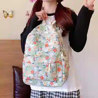 單倉 复古小碎花书包可爱洋气慵懒风背包大学生休闲百搭 尼龙 双肩包 男女同款情侣款 米白色/绿色