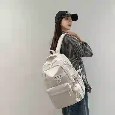 單倉 高颜值简约字母设计学院风通勤百搭背包初高中学生大容量轻便耐磨书包 尼龙 双肩包 常规 男女同款情侣款 白色/粉色/蓝色/黑色