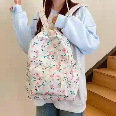 單倉 复古小碎花书包可爱洋气慵懒风背包大学生休闲百搭 尼龙 双肩包 男女同款情侣款 米白色/绿色