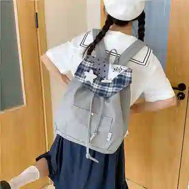 單倉 高颜值星星格子学院风设计日常通勤百搭背包初高中学生大容量休闲简约书包 帆布 双肩包 常规 男女同款情侣款 灰色/黑色
