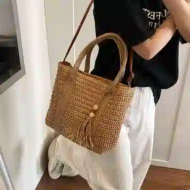 單倉 海边旅行度假编织托特包法式时尚简约百搭 草编 手提斜挎单肩包 女款 卡其色/米白色
