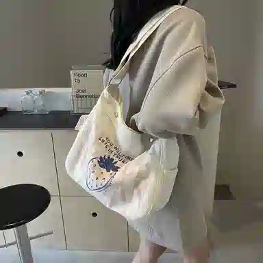 單倉 韩版潮流休闲托特包卡通涂鸦帆布包时尚百搭通勤 帆布 单肩包 女款 米灰/黑茶色/米白色/卡其色