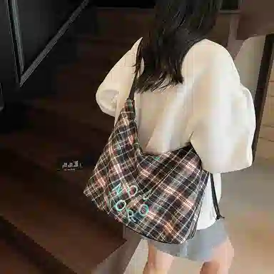 單倉 复古休闲慵懒风格子时尚设计轻便耐磨腋下斜挎包学院风初高中学生通勤百搭 布 单肩包 常规 女款 绿色/蓝色/黑色