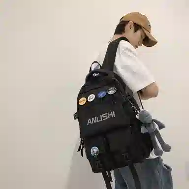 單倉 港风潮流初高中学生大容量轻便书包 尼龙 背包双肩包 男女同款情侣款 黑色/白色/蓝色/灰色