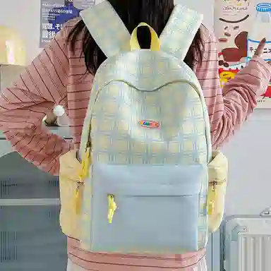 單倉 可爱格子小清新学院风通勤百搭 尼龙 双肩包 常规 女款 粉拼绿色/黄拼蓝色