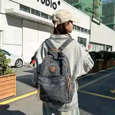 單倉 复古简约个性初高中学生大容量轻便百搭书包 牛仔布 背包双肩包 常规 男女同款情侣款 黑色/浅蓝色/深蓝色