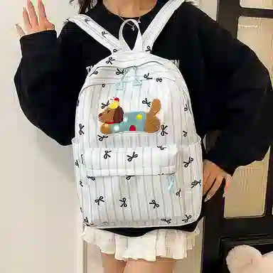 單倉 可爱条纹蝴蝶结腊肠狗小清新设计学院风背包初高中学生大容量轻便耐磨书包 尼龙 双肩包 常规 女款 粉色/蓝色/黑色