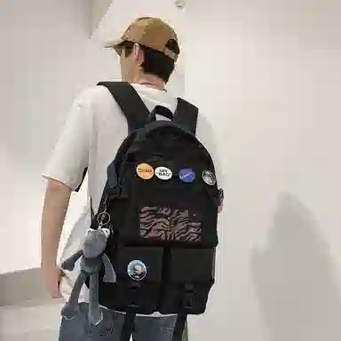 單倉 港风潮流初高中学生大容量轻便书包 尼龙 背包双肩包 男女同款情侣款 黑色/白色/蓝色/灰色