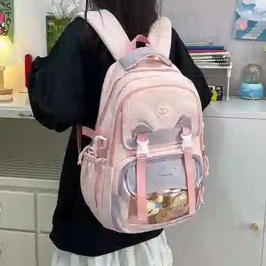 單倉 时尚潮流可爱甜美高级舒适轻便耐磨学院风背包初高中学生大容量通勤百搭书包 斜纹布 双肩包 常规 女款 粉色/紫色/蓝色/绿色/黑色