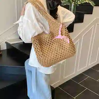 單倉 慵懒风编制包海边度假沙滩休闲百搭 草编 单肩包 常规 女款 米白色/卡其色