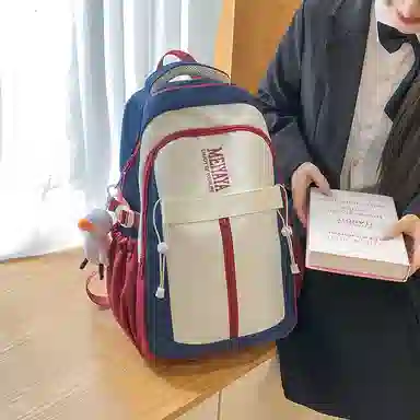 單倉 小众设计初高中学生大容量书包韩版撞色背包 尼龙 双肩包 常规 男女同款情侣款 深蓝色/黑色/粉红色/酒红色/黄色/薄荷绿色