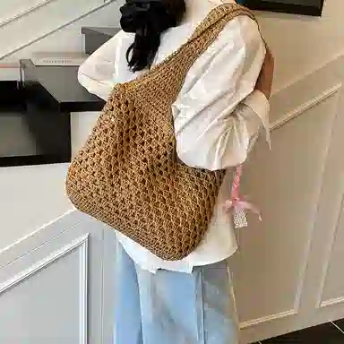 單倉 慵懒风编制包海边度假沙滩休闲百搭 草编 单肩包 常规 女款 米白色/卡其色