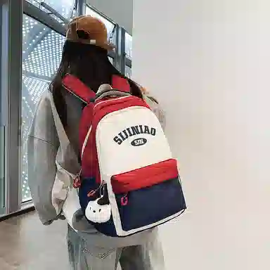 單倉 学院风通勤百搭背包初高中学生大容量轻便耐磨书包 尼龙 双肩包 常规 男女同款情侣款 粉色/蓝色/红蓝色/绿色/卡其色/黑色