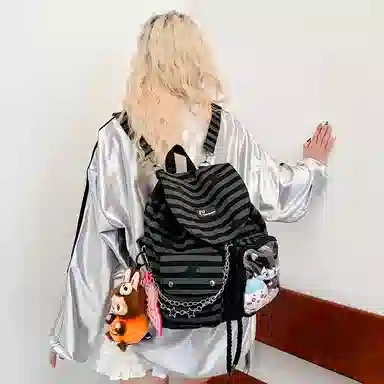 單倉 韩系潮流时尚机能格纹通勤百搭设计背包初高中学生大容量书包 尼龙 双肩包 常规 女款 黑色条纹星星色