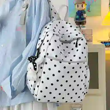 單倉 高颜值可爱波点设计通勤百搭学院风背包小众设计大容量轻便 尼龙 双肩包 常规 女款 黑色/白色