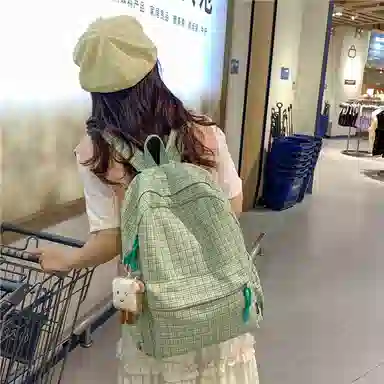 單倉 小清新高颜值格子双肩包初高中学生百搭通勤学院风 织物 书包背包 女款 浅绿格/墨绿格/浅粉格/浅黄格/黑格