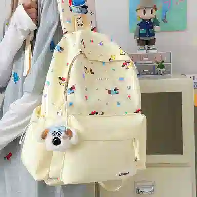 單倉 可爱印花时尚设计学院风通勤百搭学院风背包初高中学生大容量轻便耐磨书包 尼龙 双肩包 常规 女款 粉色/蓝色/黄色/绿色