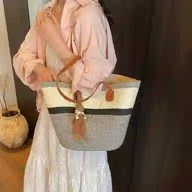 單倉 编织海边沙滩托特包 草编 手提单肩包 女款 卡其色/黑色