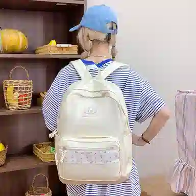 單倉 高颜值小清新印花设计通勤百搭学院风背包初高中轻便耐磨 尼龙布 双肩包 女款 白色/粉色/蓝色/绿色/黑色