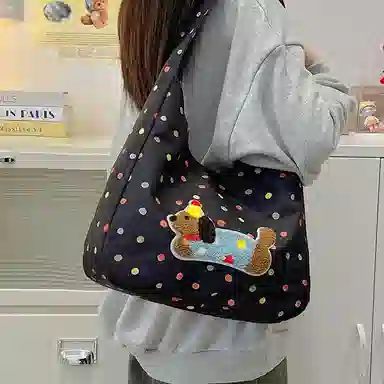 單倉 韩系波点腊肠狗可爱设计斜挎包通勤百搭手提包 涤纶 单肩包 常规 女款 白色/米白色/黑色