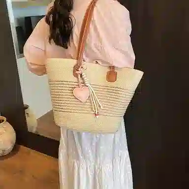單倉 海边度假沙滩包时尚百搭草编腋下 编织 托特包手提单肩包 女款 卡其色/米白色/粉色/绿色