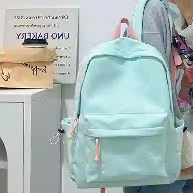 單倉 日韩系小众字母设计通勤百搭背包初高中学生大容量轻便耐磨书包 尼龙 双肩包 常规 男女同款情侣款 粉色/蓝色/绿色/卡其色/黑色