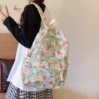單倉 复古小碎花书包可爱洋气慵懒风背包大学生休闲百搭 尼龙 双肩包 男女同款情侣款 米白色/绿色