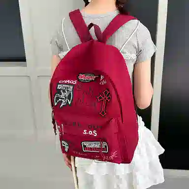 單倉 日系潮酷通勤百搭学院风设计背包初高中学生大容量轻便耐磨 帆布 双肩包 男女同款情侣款 红色/黑色