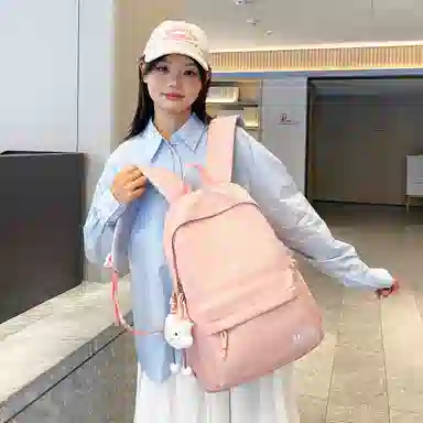 單倉 日系通勤百搭字母设计书包初高中学生大容量通勤百搭书包 尼龙 双肩包 常规 男女同款情侣款 粉色/紫色/黄色/蓝色/卡其色/黑色