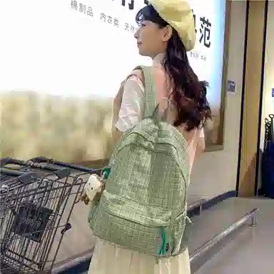 單倉 小清新高颜值格子双肩包初高中学生百搭通勤学院风 织物 书包背包 女款 浅绿格/墨绿格/浅粉格/浅黄格/黑格