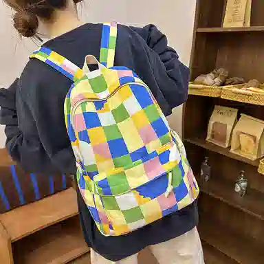 單倉 多巴胺七彩初高中学生复古格子通勤百搭大容量 尼龙 背包书包双肩包 女款 蓝绿色/紫粉色/蓝紫色/蓝白色