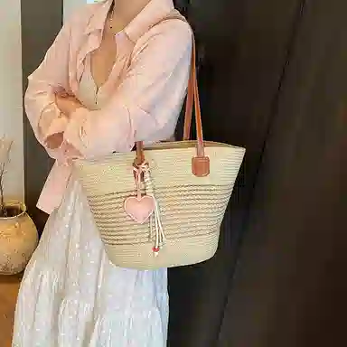 單倉 海边度假沙滩包时尚百搭草编腋下 编织 托特包手提单肩包 女款 卡其色/米白色/粉色/绿色