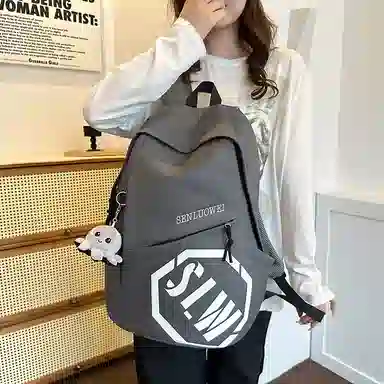 單倉 时尚美式潮流休闲百搭字母大容量高颜值学生 尼龙 书包背包双肩包 男女同款情侣款 灰色/黑色/卡其色/酒红色/蓝色