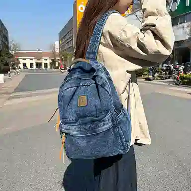 單倉 复古简约个性初高中学生大容量轻便百搭书包 牛仔布 背包双肩包 常规 男女同款情侣款 黑色/浅蓝色/深蓝色